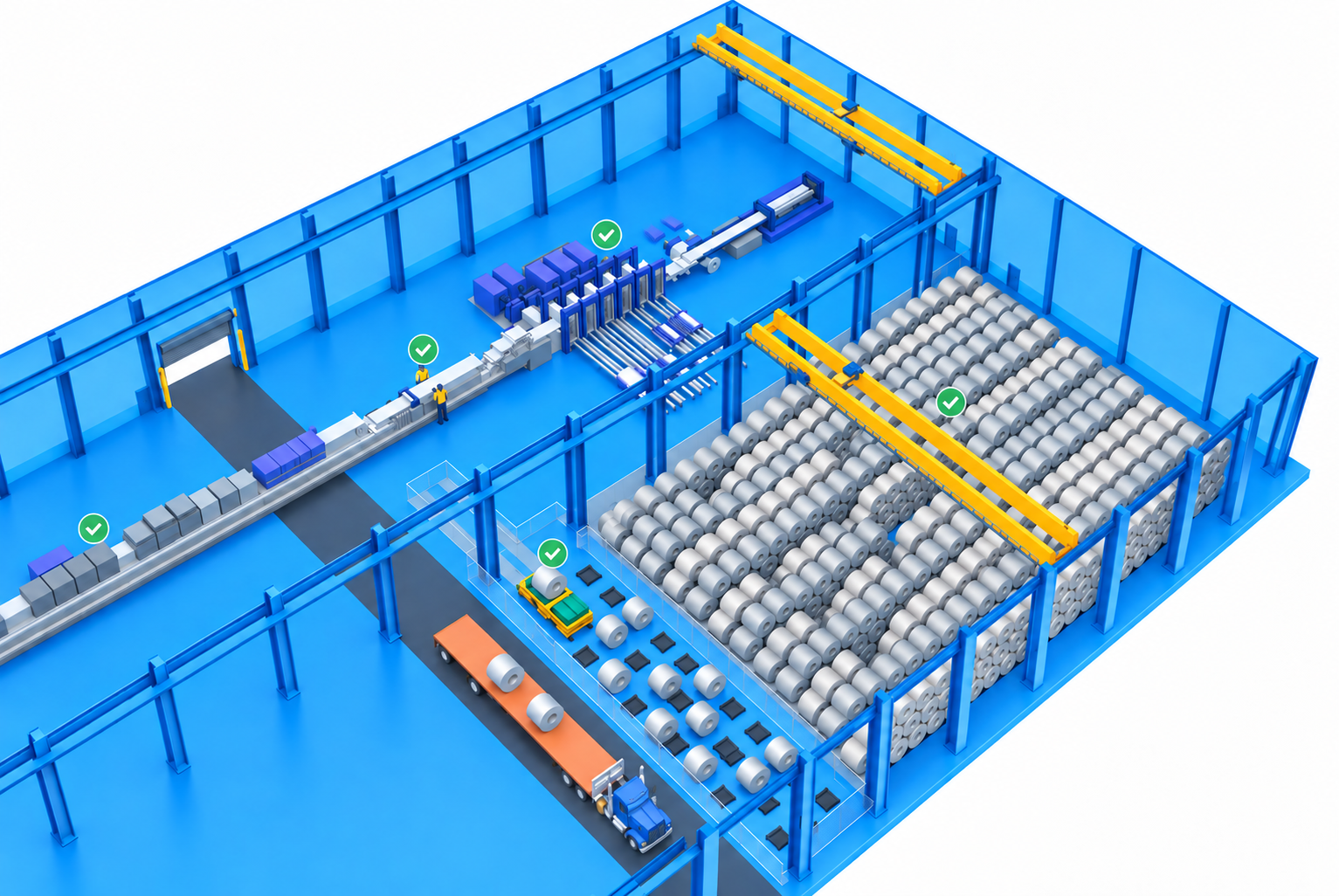 Isometric view of a reliable automated bay feeding processing lines without interruption