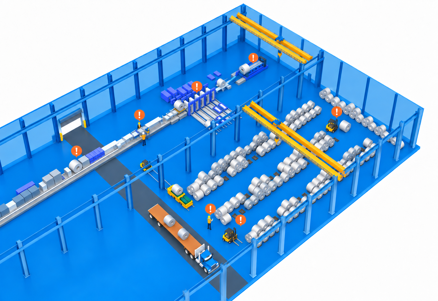 Isometric view of a disorganized processing plant with warning markers over machines